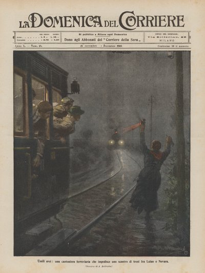 Ydmyge helte, en jernbaneperson, der forhindrer en togulykke mellem Luino og Novara af Achille Beltrame