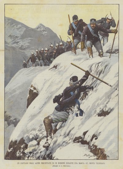 En alpekaptajn, der faldt ned i en kløft under en march på Mount Telegraph af Achille Beltrame