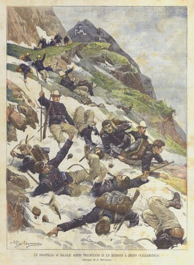 En fangst af alpine soldater faldet i en kløft i Breno (Valcamonica) af Achille Beltrame