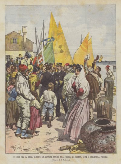 En helt blandt de ydmyge, kaptajn Zennaros ankomst til sin fattige ø Natia Di Pellestrina (Venedig) af Achille Beltrame