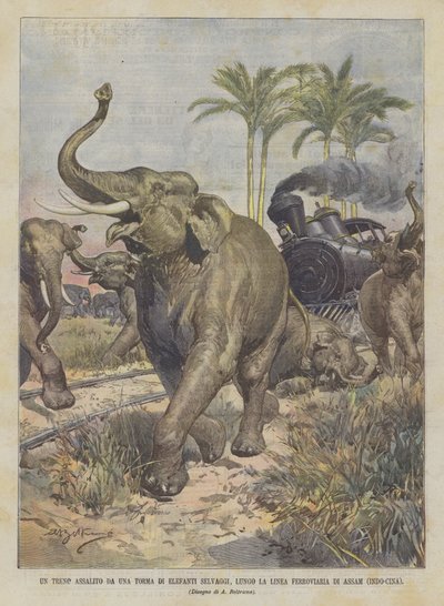 En trenc overfaldet af en skare af vilde elefanter langs Assam Railway Line (Indo-Kina) af Achille Beltrame