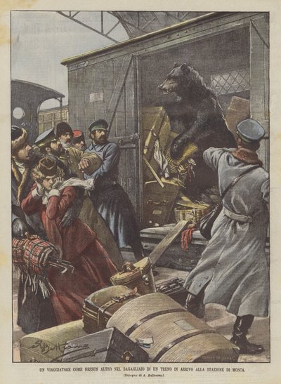 En rejsende som ingen anden i bagagerummet af et ankommende tog på Moskva Station af Achille Beltrame