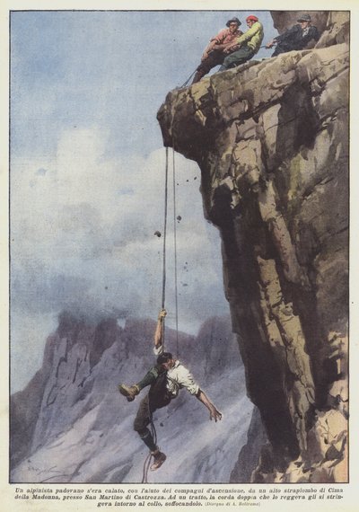 En bjergbestiger fra Padova klatrede med hjælp fra sine klatrekammerater ned fra en høj klippe? af Achille Beltrame
