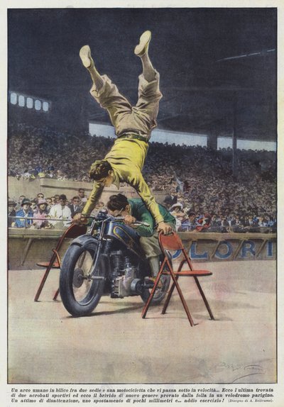 En menneskelig bue placeret mellem to stole og en motorcykel, der passerer under dem i fart af Achille Beltrame