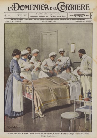 Et tilfælde, der måske er enestående i verden, en siciliansk kvinde, der fødte fem børn på hospitalet i Palermo? af Achille Beltrame