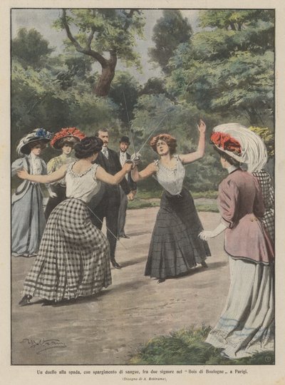 Sværdkamp med blodsudgydelse mellem to damer i Bois de Boulogne i Paris af Achille Beltrame
