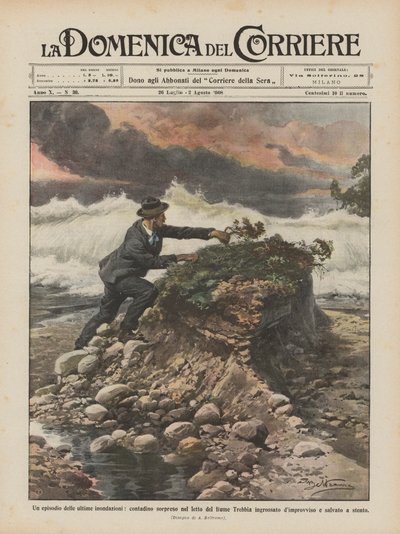 En episode fra de sidste oversvømmelser, hvor en landmand blev fanget i den svulmende Trebbia-flodens leje ? af Achille Beltrame