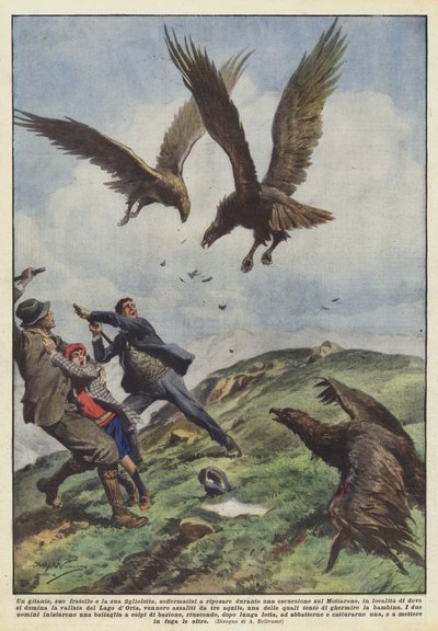 En vandrer, hans bror og hans lille datter, stoppede for at hvile sig under en udflugt på? af Achille Beltrame