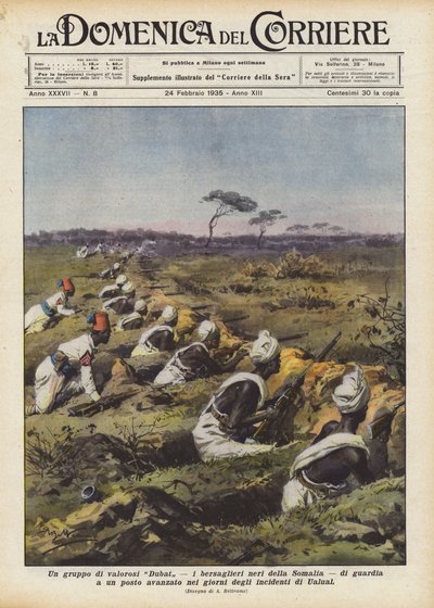 En gruppe modige Dubat, den sorte Bersaglieri fra Somalia, bevogter en fremskudt post i? af Achille Beltrame