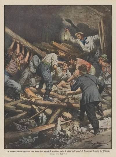 En italiensk arbejder, der blev fundet levende efter ti dages begravelse under klipperne i tunnelen? af Achille Beltrame
