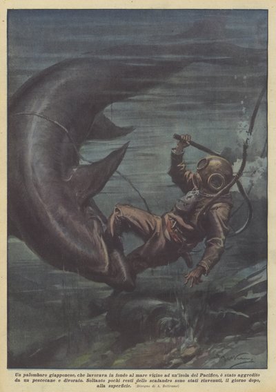 En japansk dykker, der arbejder på bunden af havet nær en ø i Stillehavet? af Achille Beltrame