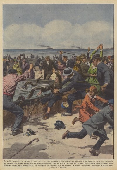 Har en kæmpe blæksprutte, vist i en balje på en strand nær Toulon, grebet? af Achille Beltrame