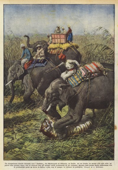 En blodig duel under en vittighed af Maharajah of Bikanir, Indien af Achille Beltrame