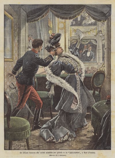 En fransk officer dræber en kunstner af jalousi på en cafe-chantant i Niort (Frankrig) af Achille Beltrame