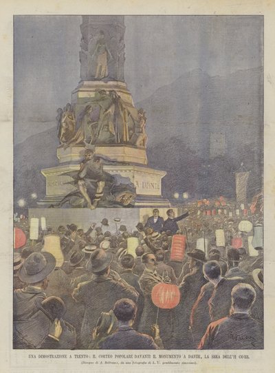 En demonstration i Trento, den populære procession foran monumentet til Dante, La Sera Dell11 Corr af Achille Beltrame