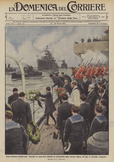 En bevægende ceremoni, en begravelse til søs, hvor jeg sænker en ubåd fra den engelske flåde, hvilken? af Achille Beltrame