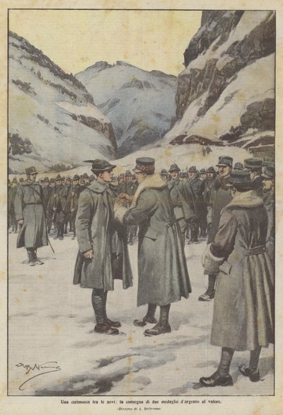 En ceremoni i sneen, levering af to sølvmedaljer for tapperhed af Achille Beltrame