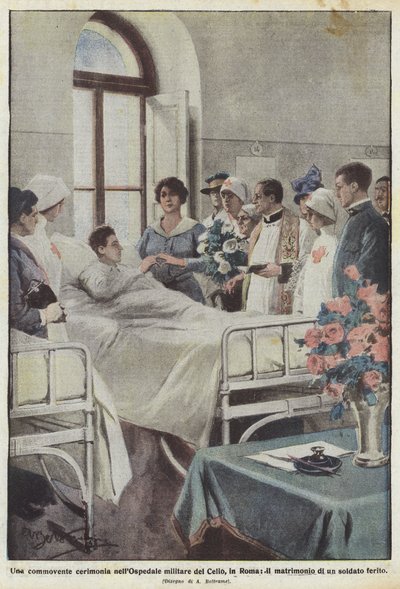 En bevægende ceremoni på Celio militærhospitalet i Rom, brylluppet af en såret soldat af Achille Beltrame