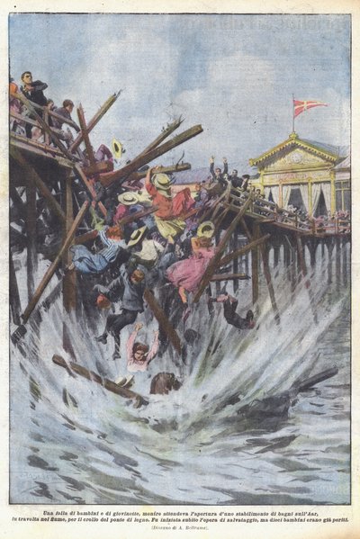 En flok børn og unge piger, mens de venter på åbningen af ​​et badehus? af Achille Beltrame