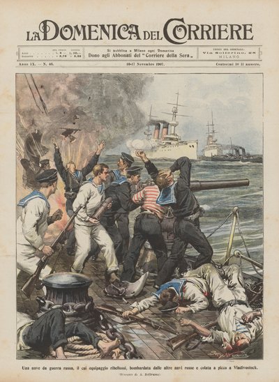 Et russisk krigsskib, hvis besætning gjorde oprør, blev bombet af andre russiske skibe og kastet ? af Achille Beltrame