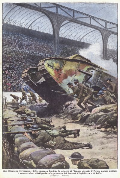 En malerisk gengivelse af krigen i London af Achille Beltrame