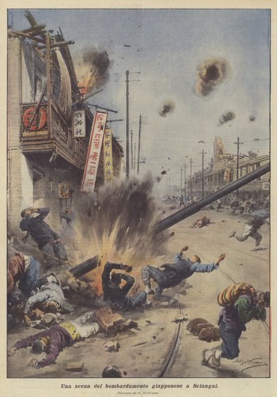 En scene fra det japanske bombeangreb i Shanghai af Achille Beltrame