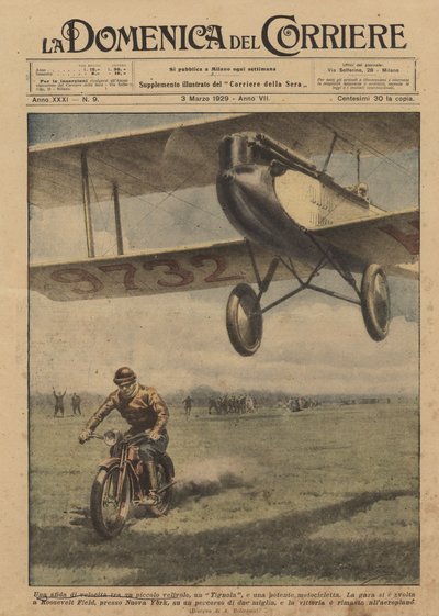 En fartudfordring mellem et lille fly, en Moth og en kraftfuld motorcykel af Achille Beltrame