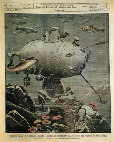 Undersøisk havfartøj til udforskning af havbunden, illustration af Achille Beltrame (1871-1945), fra La Domenica del Corriere, 1. marts af Achille Beltrame