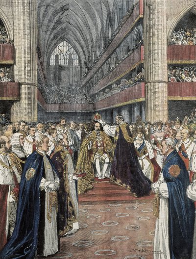 Storbritannien (1901). Kroningen af Edward VII i Westminster Abbey. Illustration af Achille Beltrame udgivet i Domenica del Corriere. Gravering. af Achille Beltrame