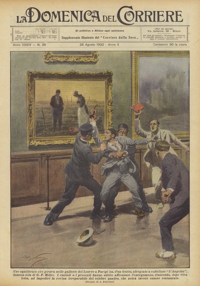 Gjorde en sindsforvirret mand, der gik rundt i Louvre-gallerierne i Paris, pludselig? af Achille Beltrame