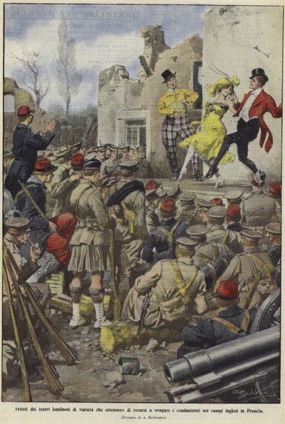 Diverse kunstnere fra London-teatre, der underholder de britiske tropper i lejre i Frankrig af Achille Beltrame