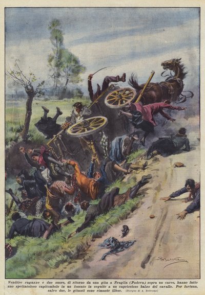 Treogtyve piger og to nonner, der vender tilbage fra en tur til Praglia (Padua) på en vogn? af Achille Beltrame