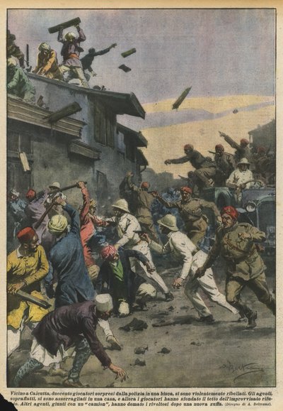 I nærheden af Calcutta gjorde to hundrede spillere, der blev taget af politiet i en spillehule, voldsomt oprør. af Achille Beltrame