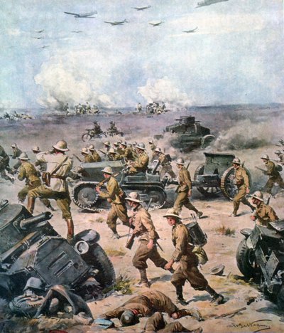 WWII-1940 Nordafrikansk kampagne - Den italienske invasion af Aegypten, La Domenica del Corriere 22. september 1940 af Achille Beltrame