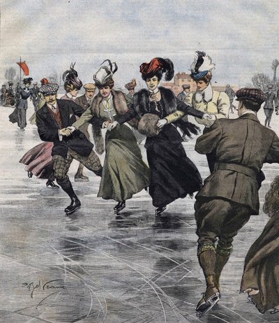 Vinter sjov. Skatere. illustration af Achille Beltrame i 1907. af Achille Beltrame