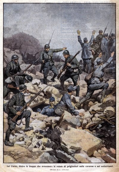 Første Verdenskrig: Italiensk front på Carso-plateauet (Trentino) og fanger i undergrunden. "Domenica del Corriere". 07/1917 (litografi) af Achille Beltrame