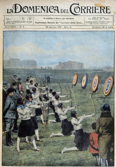 Unge italienere trænes i fysisk træning som hyldest til den gamle maksime "Et sundt sind i en sund krop"". På det romerske landskab ved Tiberfloden dyrker en gruppe piger bueskydning - dess. de A. Beltrame i "" la Domenica del Corriere""" af af Achille Beltrame
