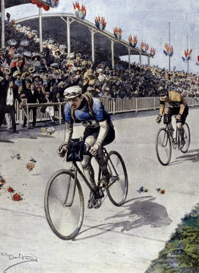 cykelrytter Peer Breton Vinder af Tour de France i 1908. illustration af Achille Beltrame. af Achille Beltrame