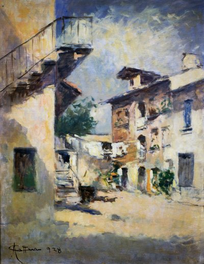 Interiør af rustik gårdhave, af Achille Cattaneo (1872-1931). Italien, 20. århundrede. af Achille Cattaneo