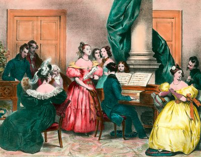 En musikalsk eftermiddag i familien Gravering af Achille Deveria (1800-1857) Gravering af det 19. århundrede. Privat samling af Achille Devéria