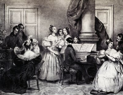 Familiekoncert med klaver, af Achille Deveria (1800-1857), gravering, Frankrig af Achille Devéria