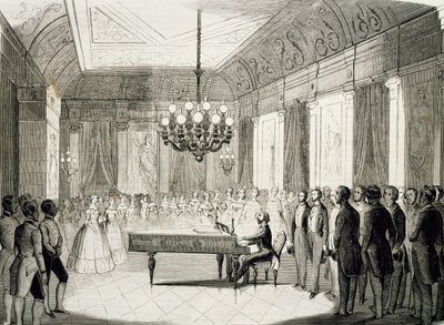 Musikalsk aften med klaver, af Achille Deveria (1800-1857), gravering, Frankrig af Achille Devéria