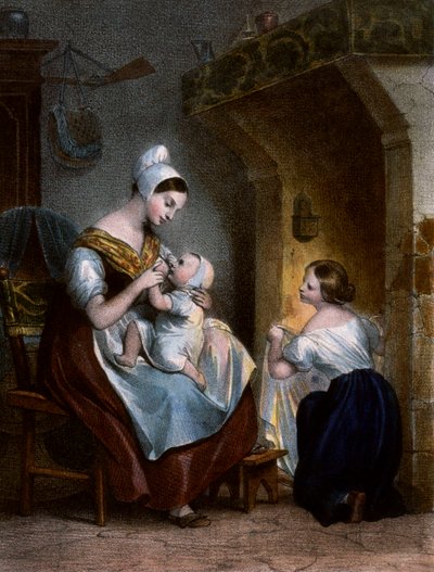 Sygeplejerske, der ammer en baby. Litografi, ca. 1850 af Achille Devéria