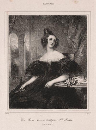 Ung kvinde med en vifte ved et bord, 1835. af Achille Devéria