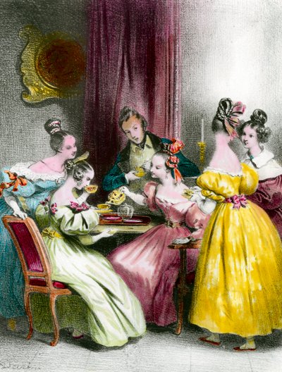 En eftermiddag på Salon de the under the Restoration print af Achille Deveria (1800-1857) 1800-tallets privatsamling af Achille Devéria