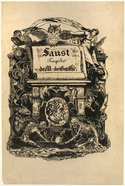 Portrætmedaljon af Goethe, titelblad fra Faust af Achille Devéria