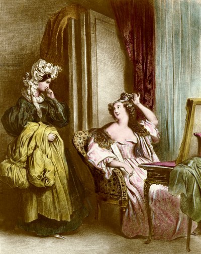 Toilettet: en elegant ung kvinde med sin tjenerinde Litografi af Achilles Deveria (1800-1857) 1800-tallets Collection Particuliere af Achille Devéria