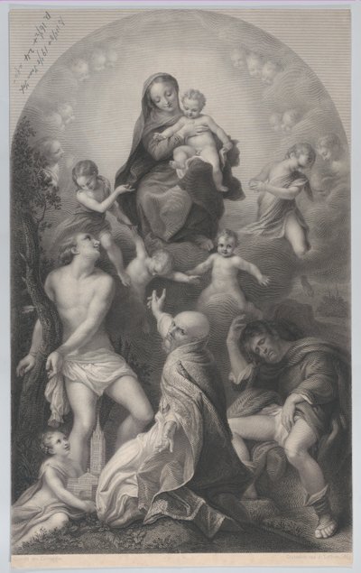 Madonnaen af Saint Sebastian, med jomfruen og barnet, omgivet af engle, ser ud til..., 1847. af Achille Désiré Lefèvre