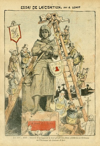 Illustration af Achille Lemot (1846-1909) i Le Pelerin, 05/05/07 - Essai de laicisation - Antimaconism Freemaking, Religion Tro, Katolsk katolicisme - Laicisation Laicite Laiques - Jeanne d