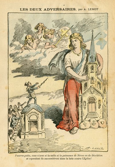 Illustration af Achille Lemot (1846-1909) i Le Pelerin, 09/09/06 - De to modstandere - Antisemitisme, Religion Tro, Trefarvet Flag, Cathedrale Churches, Synagoge, Katolsk Katolicisme - Allegori, Skalaændring af Achille Lemot